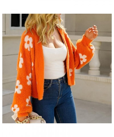 Women's Flower Long Sleeve Open Front Short Cardigan Casual Loose V Neck Down Knit Cardigan Sweaters Outwear Orange $19.20 Sw...