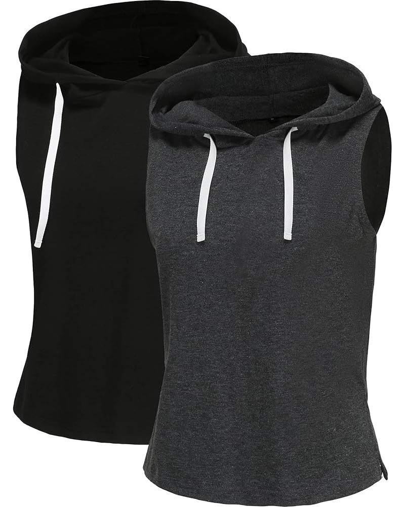 Womens 2 Pack Workout Tops Sleeveless Hooded Tank Top Casual Athletic Gym Exercise Shirts for Women Black & Dark Gray 2 Piece...