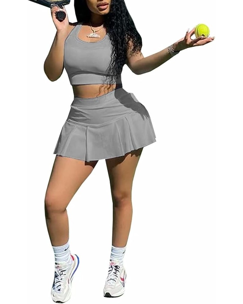 Womens Casual Outfits Athletic Activewear - Fitted Sleeveless Crop Top Pleated Tennis Skorts Skirts Set Tracksuit Grey $17.48...