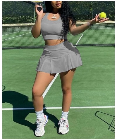 Womens Casual Outfits Athletic Activewear - Fitted Sleeveless Crop Top Pleated Tennis Skorts Skirts Set Tracksuit Grey $17.48...