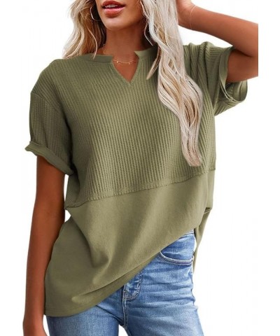 Womens Casual V Neck Waffle Knit Tops Short Sleeve T Shirts Loose Blouses B Green $12.96 T-Shirts