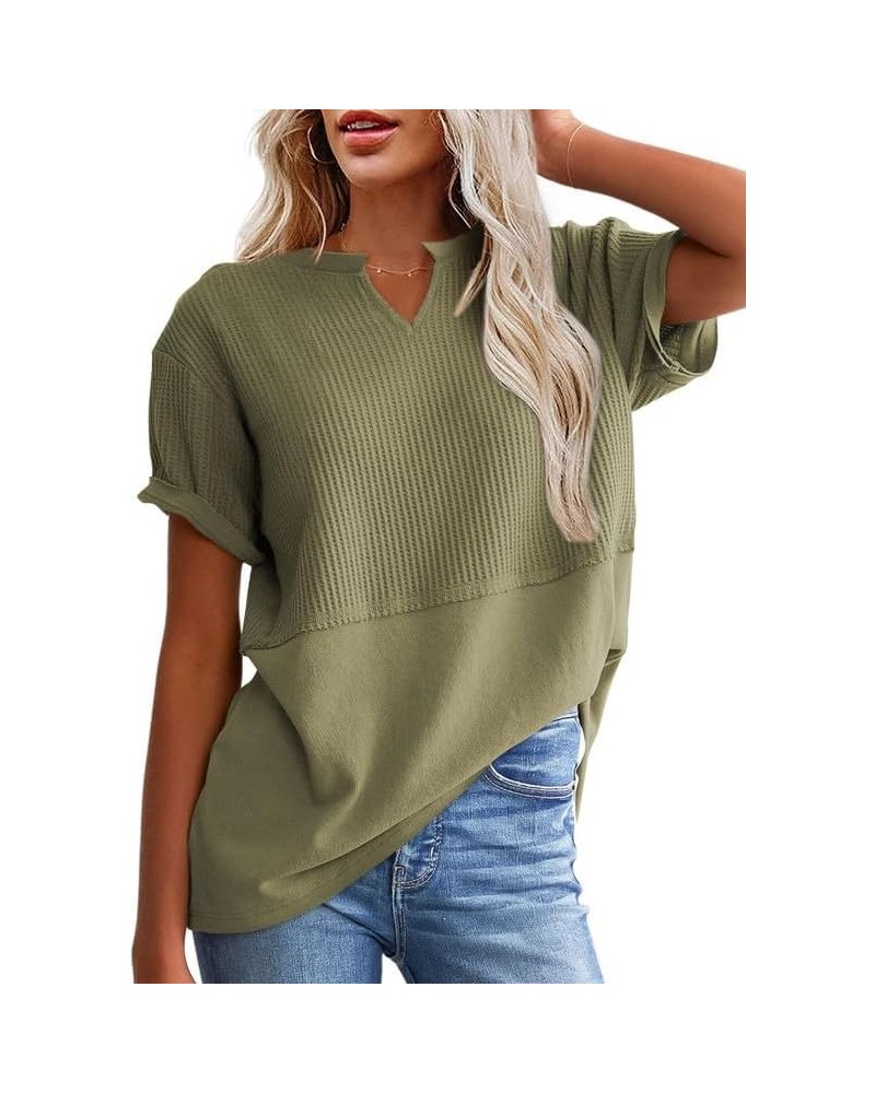 Womens Casual V Neck Waffle Knit Tops Short Sleeve T Shirts Loose Blouses B Green $12.96 T-Shirts