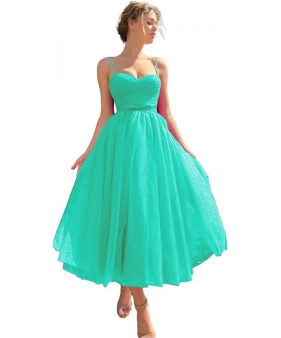 Tea Length Tulle Prom Dresses Short for Women Spaghetti Strap Pleated Formal Party Evening Gowns with Pocket Turquoise $26.40...