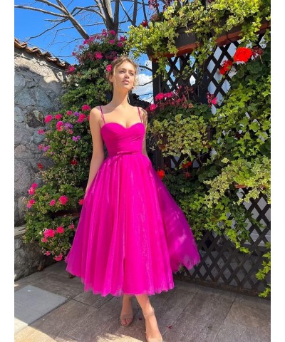 Tea Length Tulle Prom Dresses Short for Women Spaghetti Strap Pleated Formal Party Evening Gowns with Pocket Turquoise $26.40...