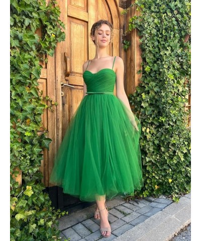 Tea Length Tulle Prom Dresses Short for Women Spaghetti Strap Pleated Formal Party Evening Gowns with Pocket Turquoise $26.40...