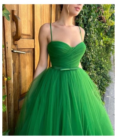 Tea Length Tulle Prom Dresses Short for Women Spaghetti Strap Pleated Formal Party Evening Gowns with Pocket Turquoise $26.40...