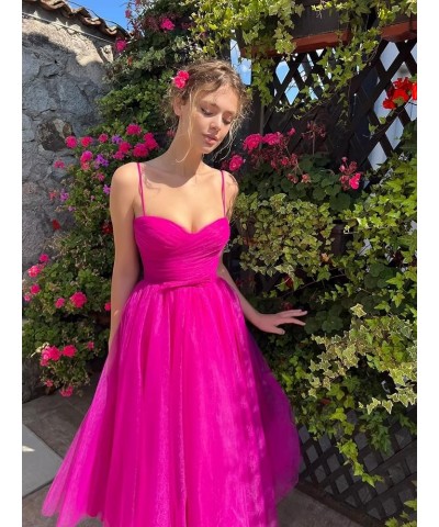 Tea Length Tulle Prom Dresses Short for Women Spaghetti Strap Pleated Formal Party Evening Gowns with Pocket Turquoise $26.40...