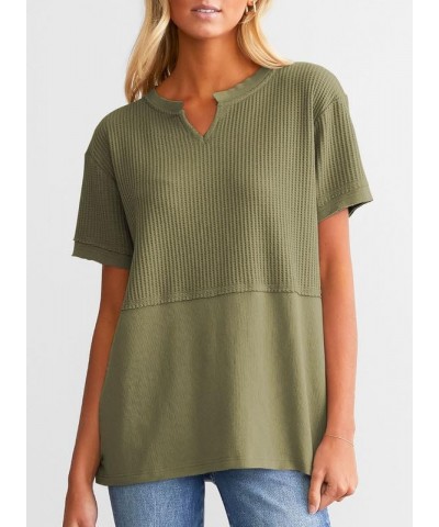 Womens Casual V Neck Waffle Knit Tops Short Sleeve T Shirts Loose Blouses B Green $12.96 T-Shirts