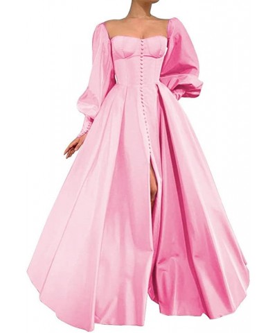 Long Puffy Sleeve Prom Dresses Princess Ball Gown for Women Satin Formal Party Wedding Evening Dress Pink $37.74 Dresses