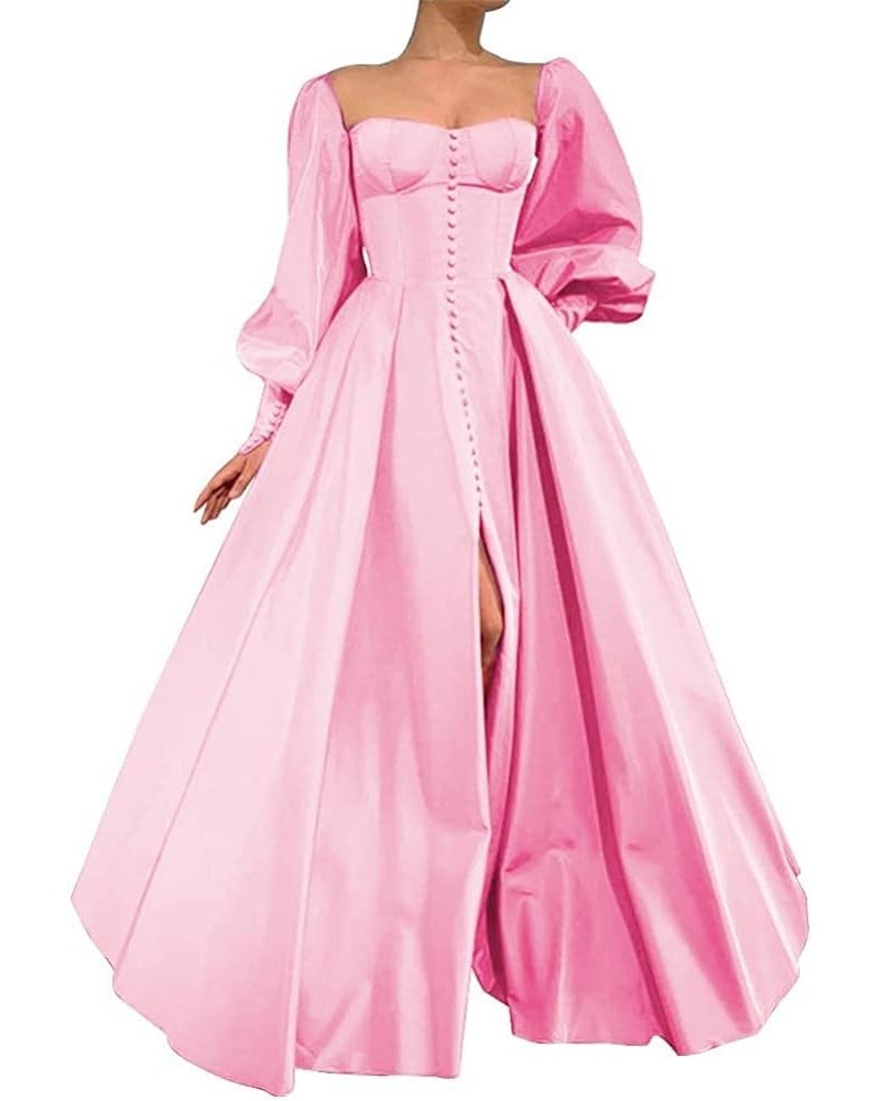 Long Puffy Sleeve Prom Dresses Princess Ball Gown for Women Satin Formal Party Wedding Evening Dress Pink $37.74 Dresses