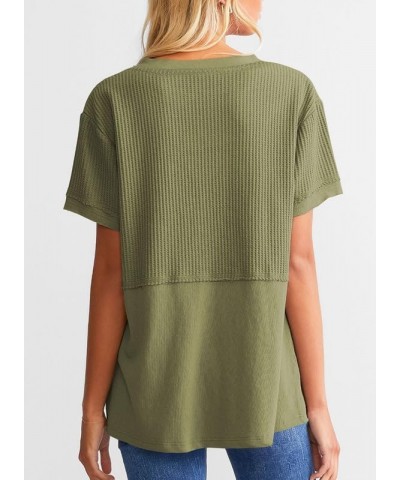 Womens Casual V Neck Waffle Knit Tops Short Sleeve T Shirts Loose Blouses B Green $12.96 T-Shirts