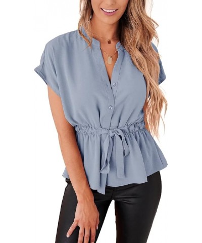 Womens Button Down Blouses Casual Peplum Summer Tops Dressy Chiffon Work Blouse Light Blue $14.85 Blouses