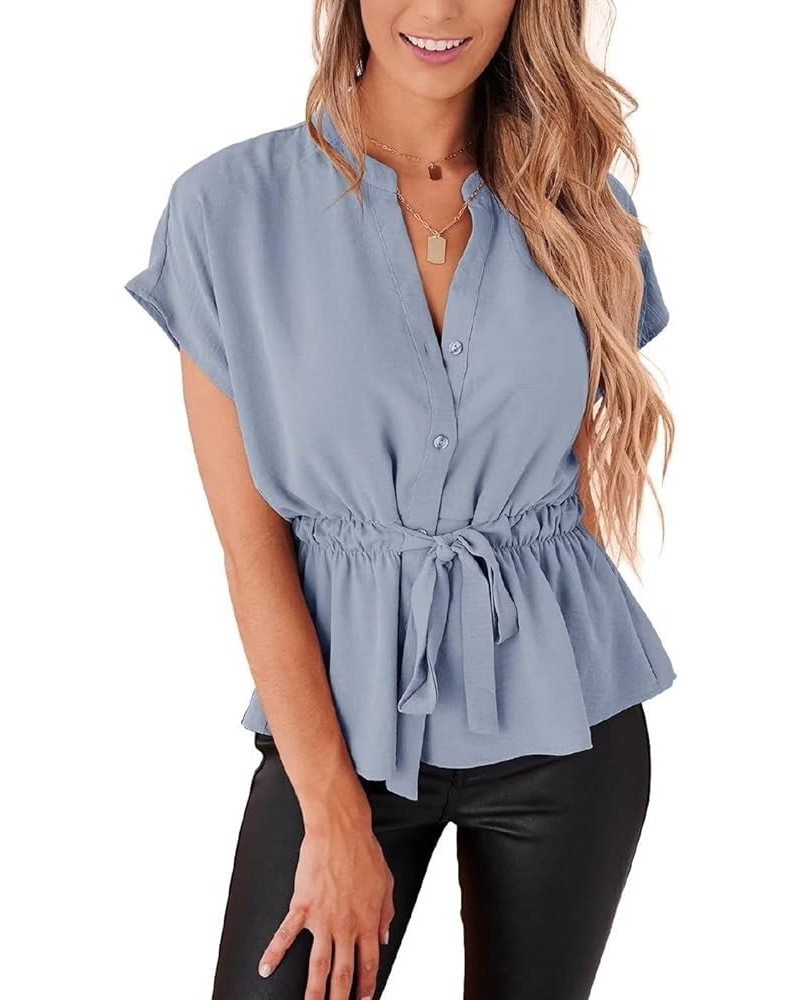 Womens Button Down Blouses Casual Peplum Summer Tops Dressy Chiffon Work Blouse Light Blue $14.85 Blouses