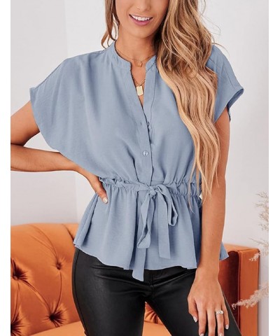 Womens Button Down Blouses Casual Peplum Summer Tops Dressy Chiffon Work Blouse Light Blue $14.85 Blouses