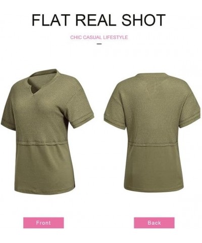 Womens Casual V Neck Waffle Knit Tops Short Sleeve T Shirts Loose Blouses B Green $12.96 T-Shirts