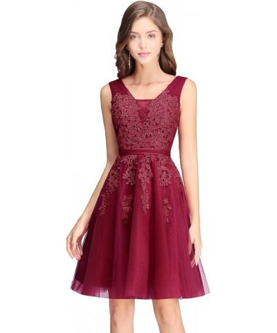 Babyonline Lace Tulle Prom Dresses Short V Neck Bridesmaid Homecoming Gown Burgundy $24.75 Dresses