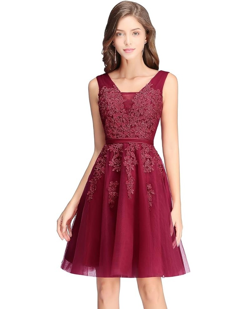 Babyonline Lace Tulle Prom Dresses Short V Neck Bridesmaid Homecoming Gown Burgundy $24.75 Dresses