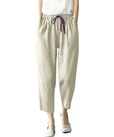 Linen Pants Women Petite, Womens Summer Plus Size Wide Leg Capri Pants Casual Elastic with Pockets Loose Pants Z8-b $10.79 Pants