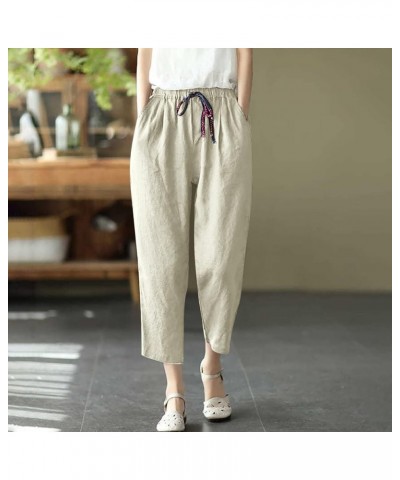 Linen Pants Women Petite, Womens Summer Plus Size Wide Leg Capri Pants Casual Elastic with Pockets Loose Pants Z8-b $10.79 Pants