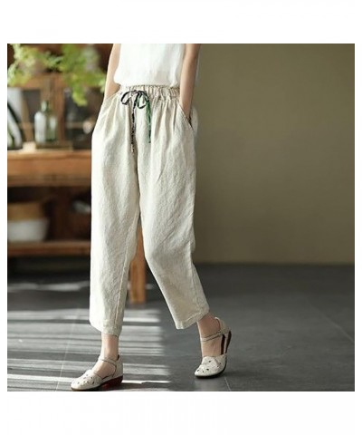 Linen Pants Women Petite, Womens Summer Plus Size Wide Leg Capri Pants Casual Elastic with Pockets Loose Pants Z8-b $10.79 Pants