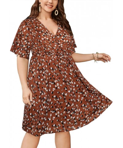 SKISS Women's Plus Size Short Bell Sleeve V Neck Wrap Midi Dress Brown $9.66 Dresses