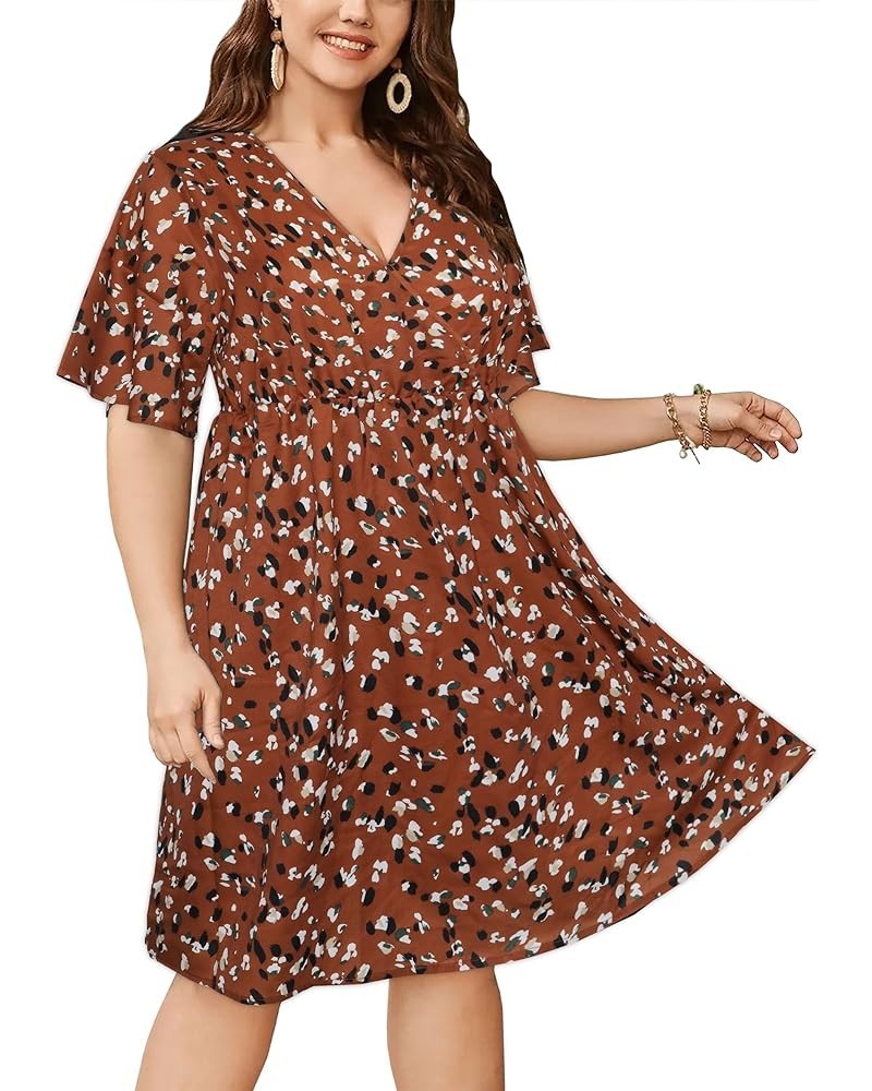 SKISS Women's Plus Size Short Bell Sleeve V Neck Wrap Midi Dress Brown $9.66 Dresses