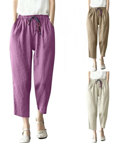 Linen Pants Women Petite, Womens Summer Plus Size Wide Leg Capri Pants Casual Elastic with Pockets Loose Pants Z8-b $10.79 Pants