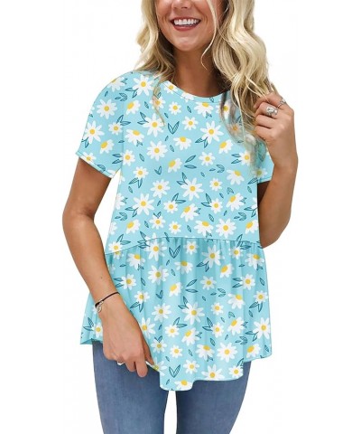 Women's Summer Tops Short Sleeve Round Neck Floral Print Shirt Tunic Blouse K10-blue $13.99 Blouses