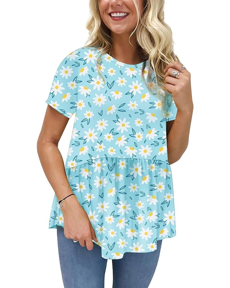 Women's Summer Tops Short Sleeve Round Neck Floral Print Shirt Tunic Blouse K10-blue $13.99 Blouses