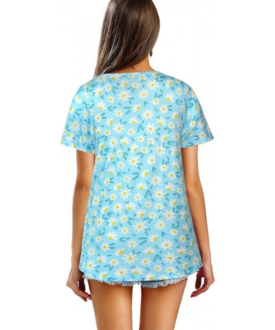 Women's Summer Tops Short Sleeve Round Neck Floral Print Shirt Tunic Blouse K10-blue $13.99 Blouses