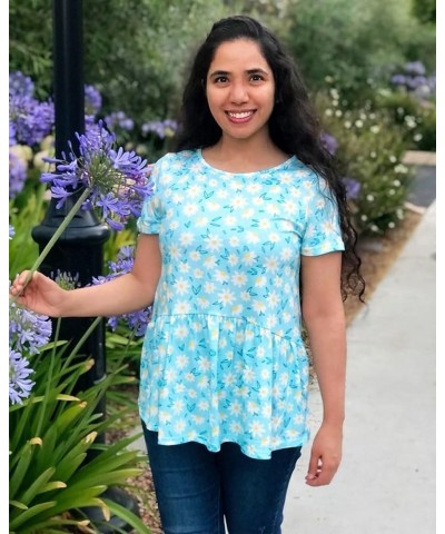 Women's Summer Tops Short Sleeve Round Neck Floral Print Shirt Tunic Blouse K10-blue $13.99 Blouses