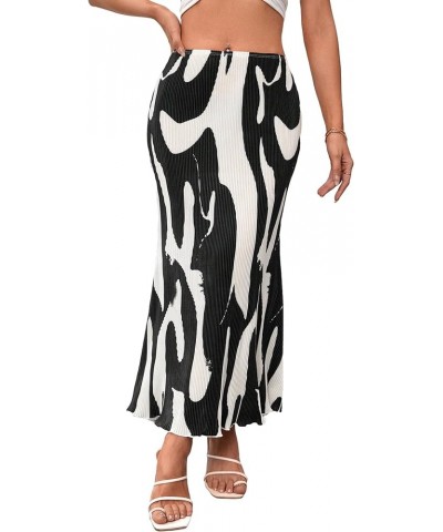 Women's High Waist Graphic Print A Line Pleated Long Skirt Black Multi $14.49 Skirts