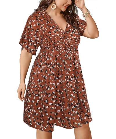 SKISS Women's Plus Size Short Bell Sleeve V Neck Wrap Midi Dress Brown $9.66 Dresses