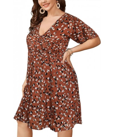 SKISS Women's Plus Size Short Bell Sleeve V Neck Wrap Midi Dress Brown $9.66 Dresses