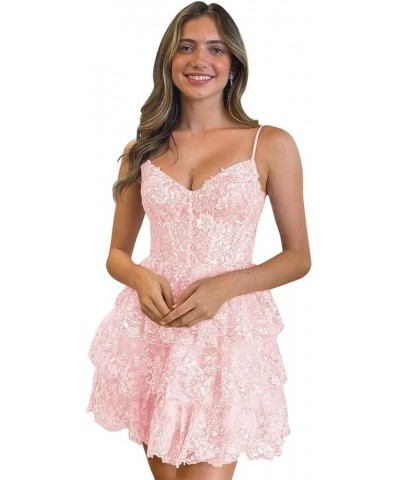 Tiered Lace Homecoming Dresses for Teens 2024 Short Sparkly Spaghetti Straps Prom Dresses Cocktail Dresses Pink $37.50 Dresses