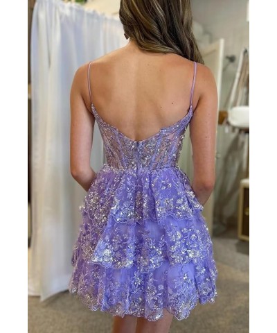 Tiered Lace Homecoming Dresses for Teens 2024 Short Sparkly Spaghetti Straps Prom Dresses Cocktail Dresses Pink $37.50 Dresses