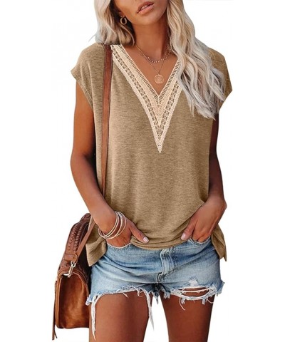 Women's Casual Cap Sleeve Lace Trim V Neck Tops 2024 Summer Loose Tee Shirts Blous Khaki $10.99 Tops