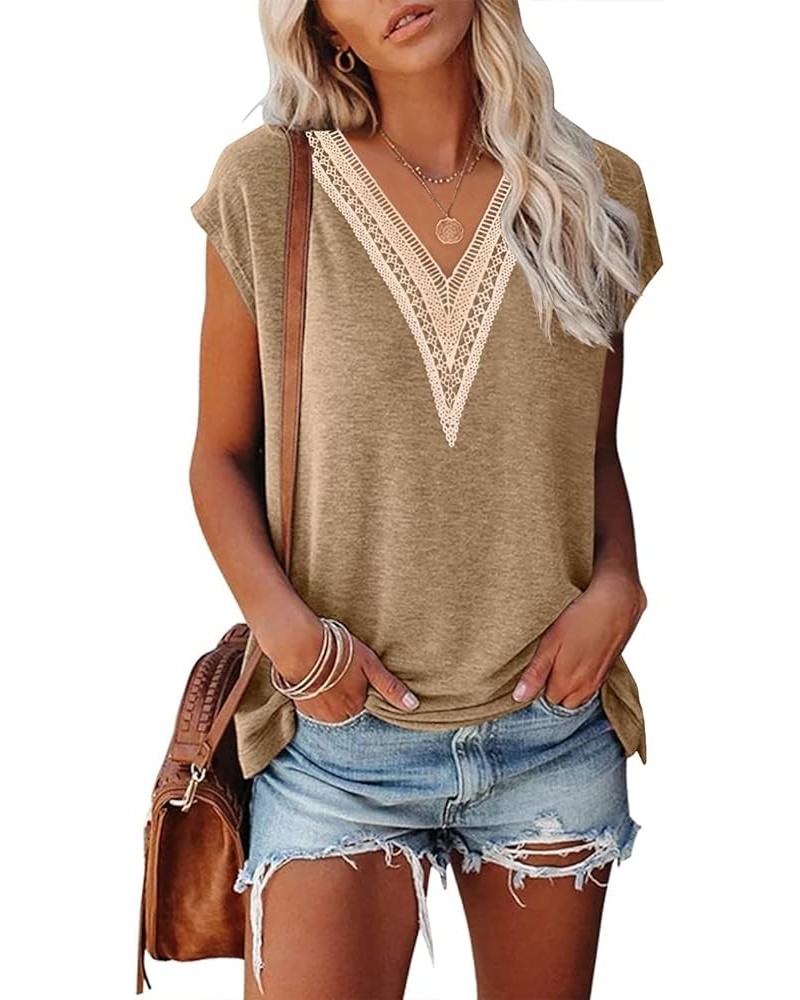 Women's Casual Cap Sleeve Lace Trim V Neck Tops 2024 Summer Loose Tee Shirts Blous Khaki $10.99 Tops