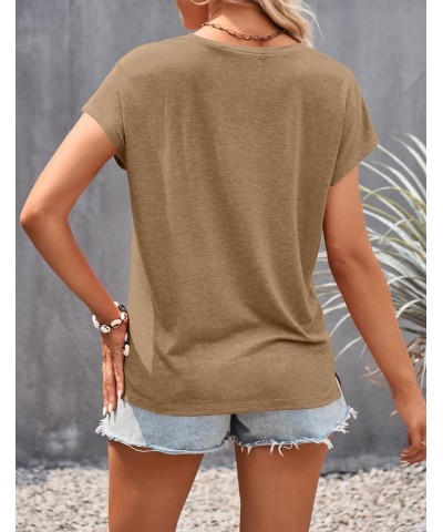 Women's Casual Cap Sleeve Lace Trim V Neck Tops 2024 Summer Loose Tee Shirts Blous Khaki $10.99 Tops