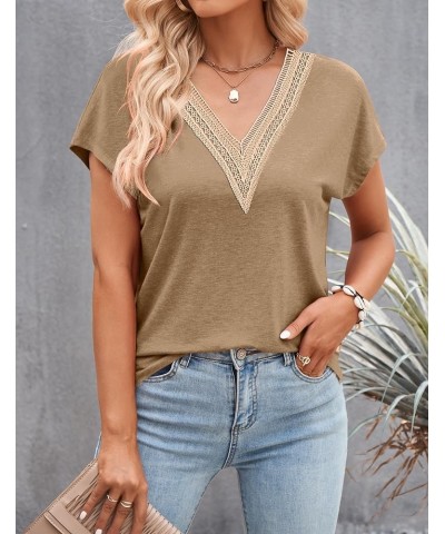 Women's Casual Cap Sleeve Lace Trim V Neck Tops 2024 Summer Loose Tee Shirts Blous Khaki $10.99 Tops