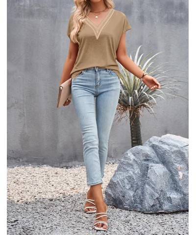 Women's Casual Cap Sleeve Lace Trim V Neck Tops 2024 Summer Loose Tee Shirts Blous Khaki $10.99 Tops