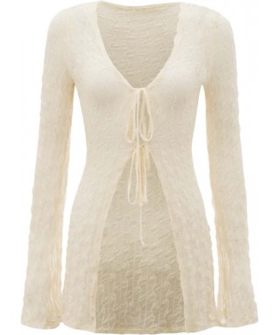 Women's Sheer Mesh Deep V Neck Tie Front Long Sleeve See Through Top Beige $17.69 Blouses