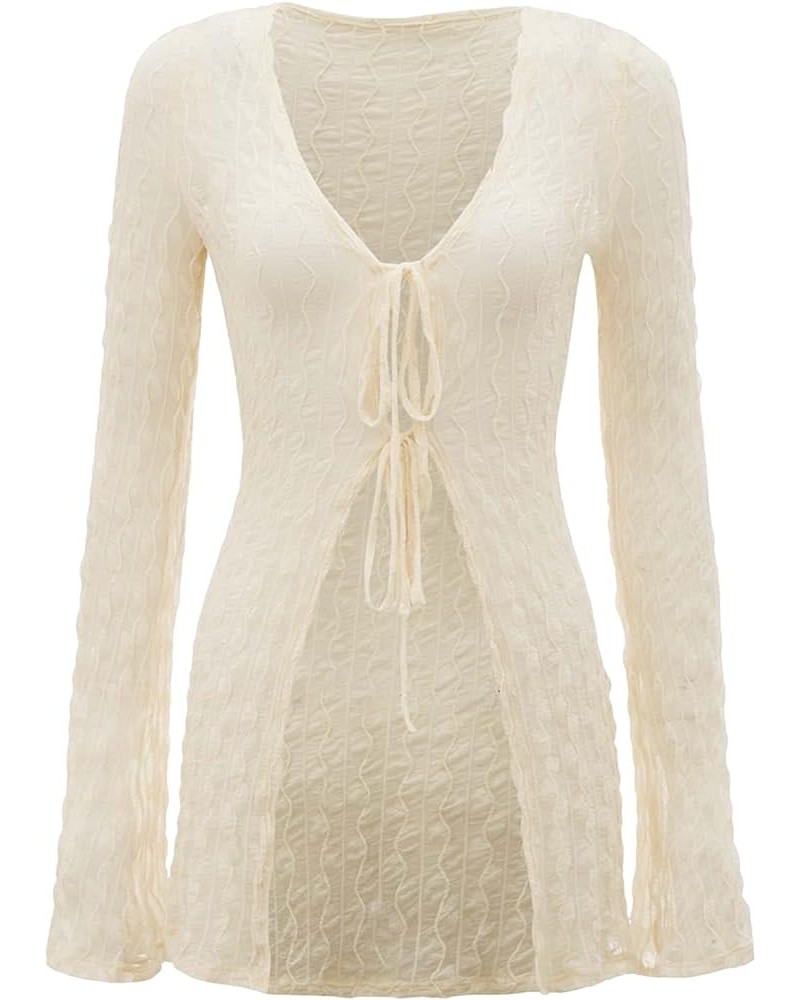 Women's Sheer Mesh Deep V Neck Tie Front Long Sleeve See Through Top Beige $17.69 Blouses