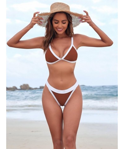 Women's Triangle Bikini Set Sexy Brazilian Two Piece Swimsuit Cute Bathing Suit Coffee Brown $21.41 Swimsuits