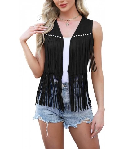 Women's Fringe Vest Cowgirls Sleeveless Tassel Jacket Faux Suede 70s Hippie Cardigan Black $19.79 Vests