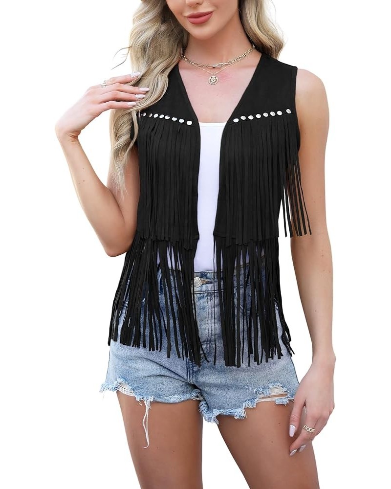 Women's Fringe Vest Cowgirls Sleeveless Tassel Jacket Faux Suede 70s Hippie Cardigan Black $19.79 Vests