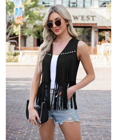 Women's Fringe Vest Cowgirls Sleeveless Tassel Jacket Faux Suede 70s Hippie Cardigan Black $19.79 Vests