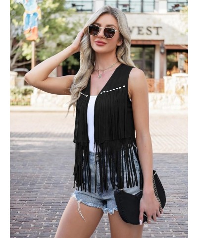 Women's Fringe Vest Cowgirls Sleeveless Tassel Jacket Faux Suede 70s Hippie Cardigan Black $19.79 Vests