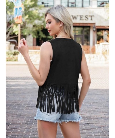 Women's Fringe Vest Cowgirls Sleeveless Tassel Jacket Faux Suede 70s Hippie Cardigan Black $19.79 Vests