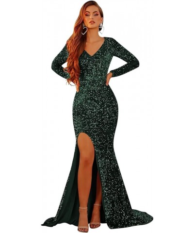 Mermaid Long Sleeve Prom Dresses with Slit V Neck Sparkly Sequin Evening Formal Gown for Women Emerald Green $30.75 Dresses